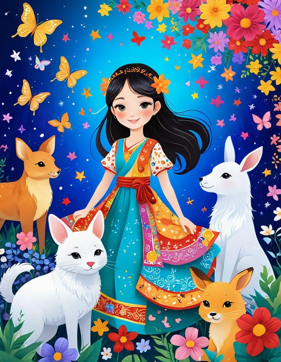A whimsical, colorful scene featuring an enchanting character named Aimeimei, radiating charisma with a warm smile. Surround her with vibrant swirling patterns and a variety of playful animals that reflect joy and positivity. Incorporate elements like hearts and stars floating around to symbolize love and charm. The background should be a serene landscape filled with blooming flowers and butterflies, enhancing the feeling of happiness. bright colors. fantasy style. 3D.