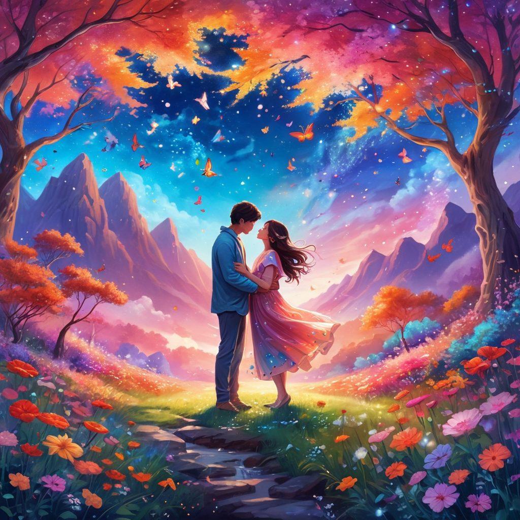 A whimsical illustration of a vibrant landscape, blending elements of ecstatic joy with heartfelt romance. Include two figures representing Aimeimei, surrounded by colorful flowers and soft, glowing lights that symbolize enchantment. Capture the transition from happiness to deep emotional connection in their expressions, with a magical aura around them. Integrate playful, dream-like elements like butterflies and sparkling stars. colorful, dreamy art style. vibrant colors. soft background.
