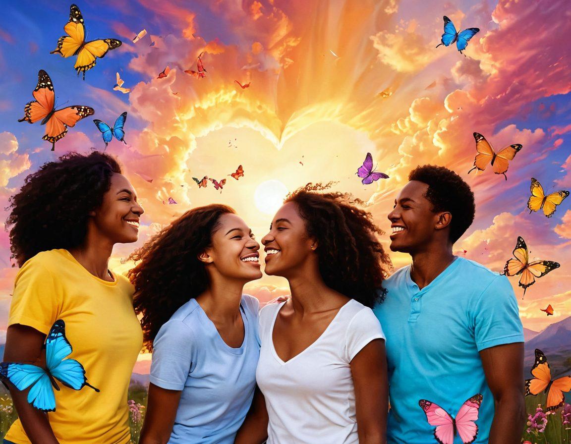 A vibrant scene depicting diverse groups of people joyfully interacting, with radiant smiles and warm embraces that illustrate love and connection. Soft glowing light surrounds them, symbolizing charisma and positivity. Include elements like heart-shaped clouds and colorful butterflies fluttering around to enhance the sense of bliss and transformation. The background should be a dreamy landscape with soft pastels. vibrant colors. super-realistic.